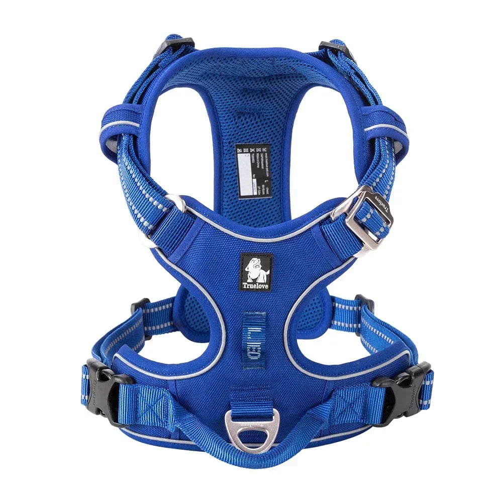 Blue dog harness, comfortable and adjustable, perfect for daily pet walks