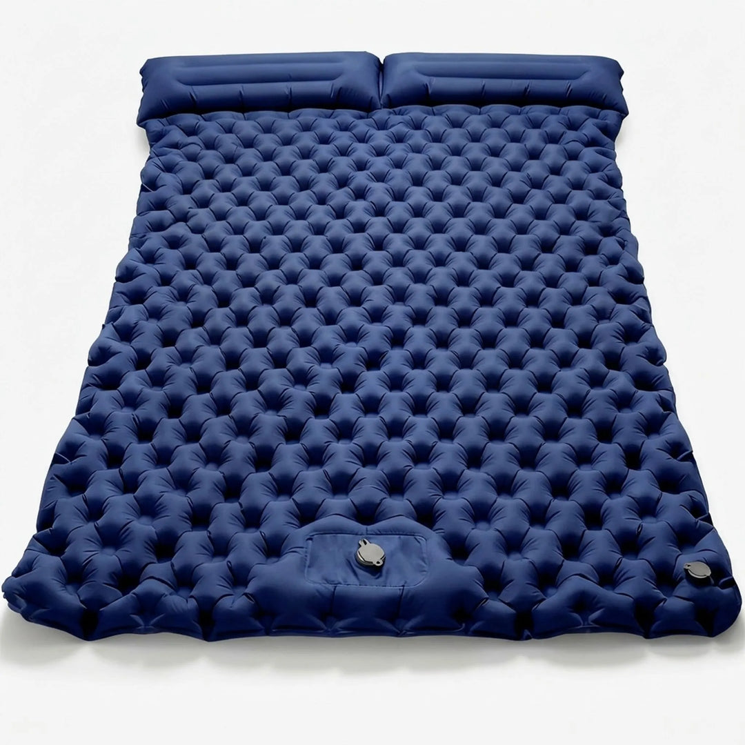 Portable two-person camping air mattress, lightweight inflatable bed for outdoor sleeping comfort & gear.