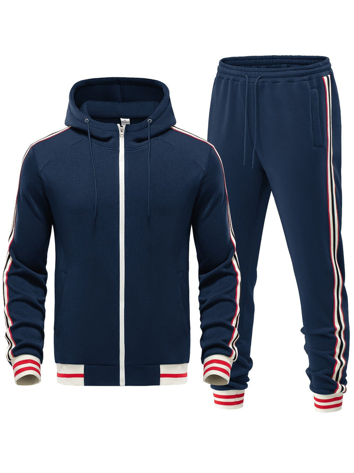 Men's two-piece hoodie and jogger athletic set, ideal for sportswear and active outfits. Modern fit.