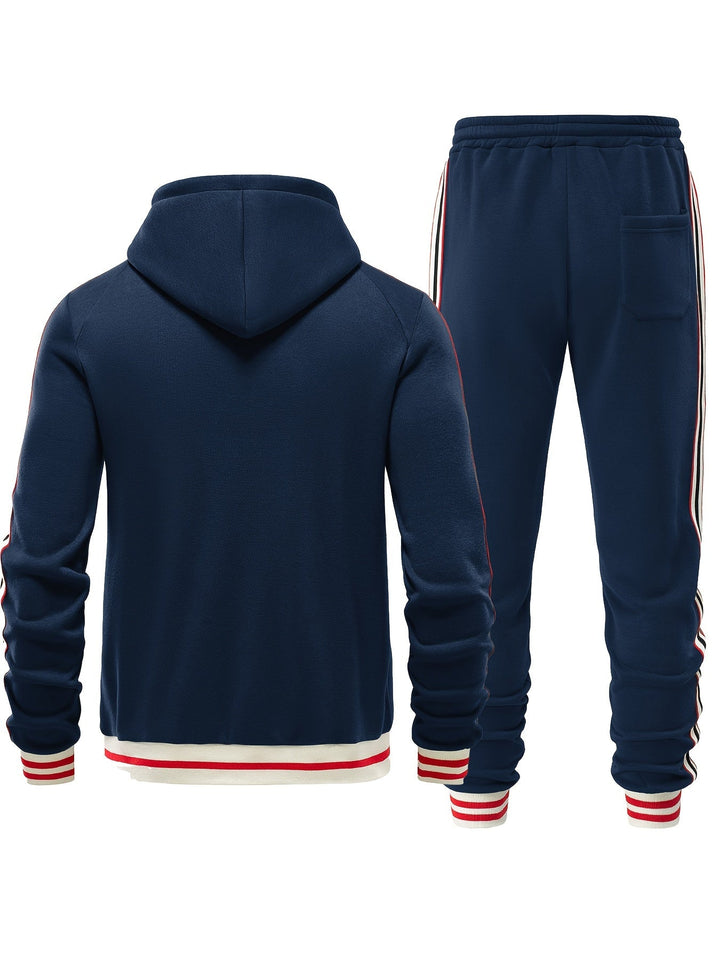 Men's color block athletic tracksuit set with a hoodie and joggers, suitable for sportswear or everyday comfort.