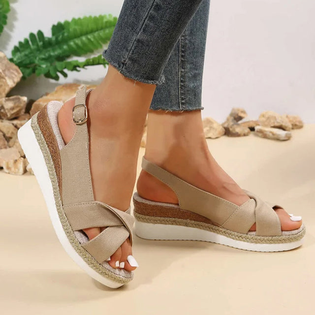 Stylish ladies' Romy platform wedge sandals, offering comfort and a trendy look for summer fashion.