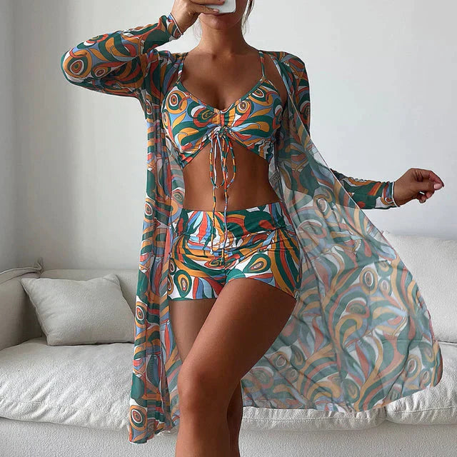 Comfortable women's bikini set in blue with stylish top and bottom, perfect for a summer beach vacation.