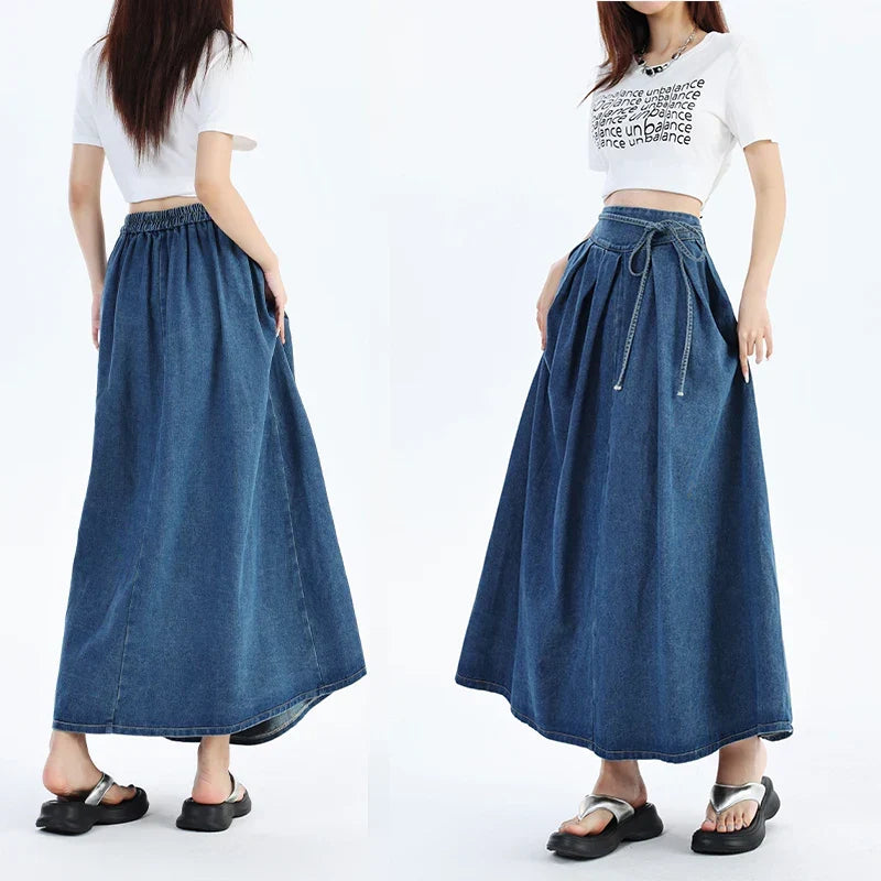 Women's comfortable blue denim midi skirt, ideal for everyday casual wear with an elastic waist.