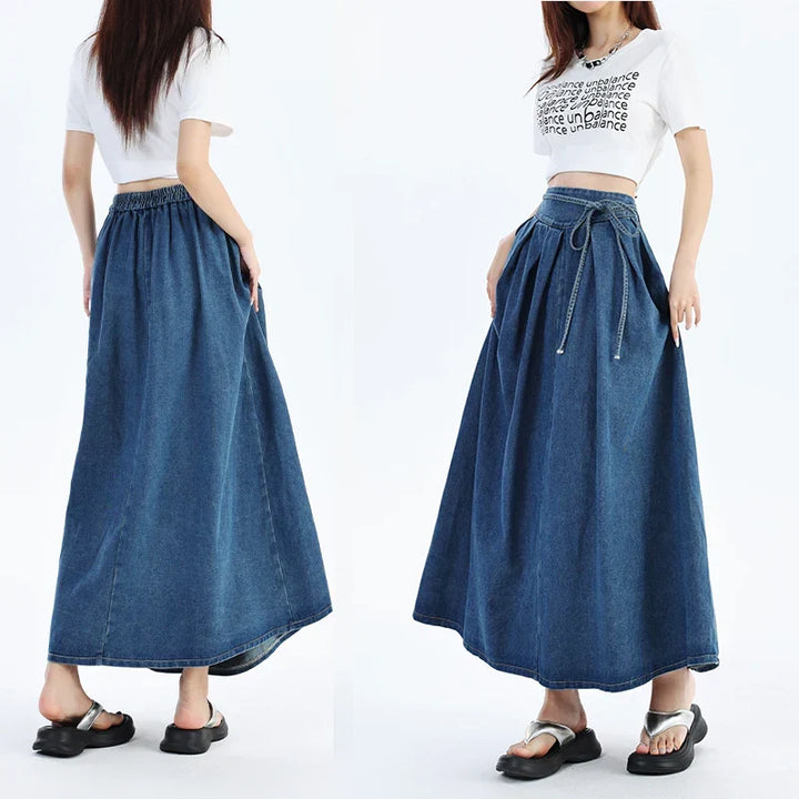 Women's comfortable blue denim midi skirt, ideal for everyday casual wear with an elastic waist.