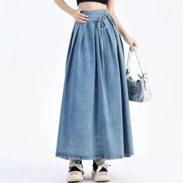 Classic blue denim midi skirt for women, designed for comfortable everyday wear with a flexible elastic waist.