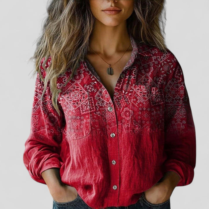 Stylish women's gradient button-down blouse, a chic and versatile top for modern fashion.