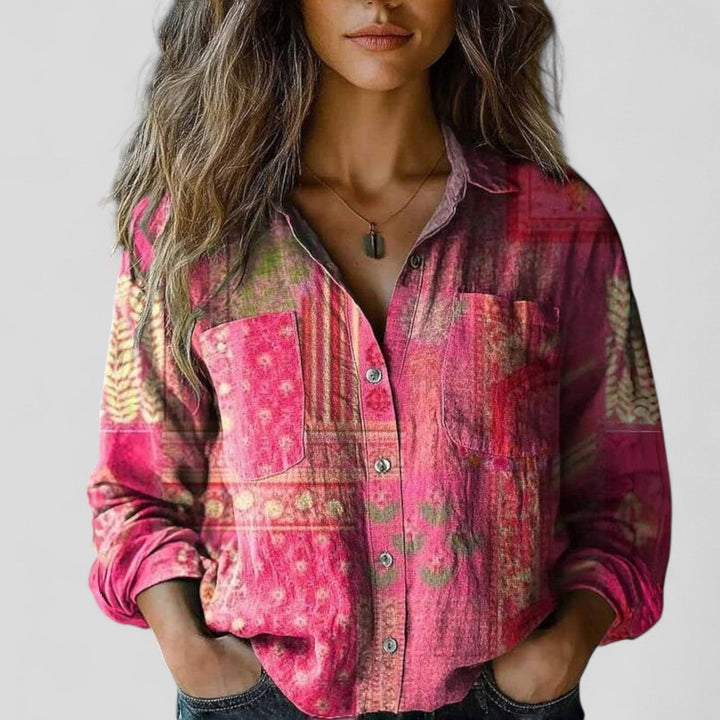Vibrant gradient blouse for women, a comfortable and stylish button-down shirt perfect for everyday fashion.