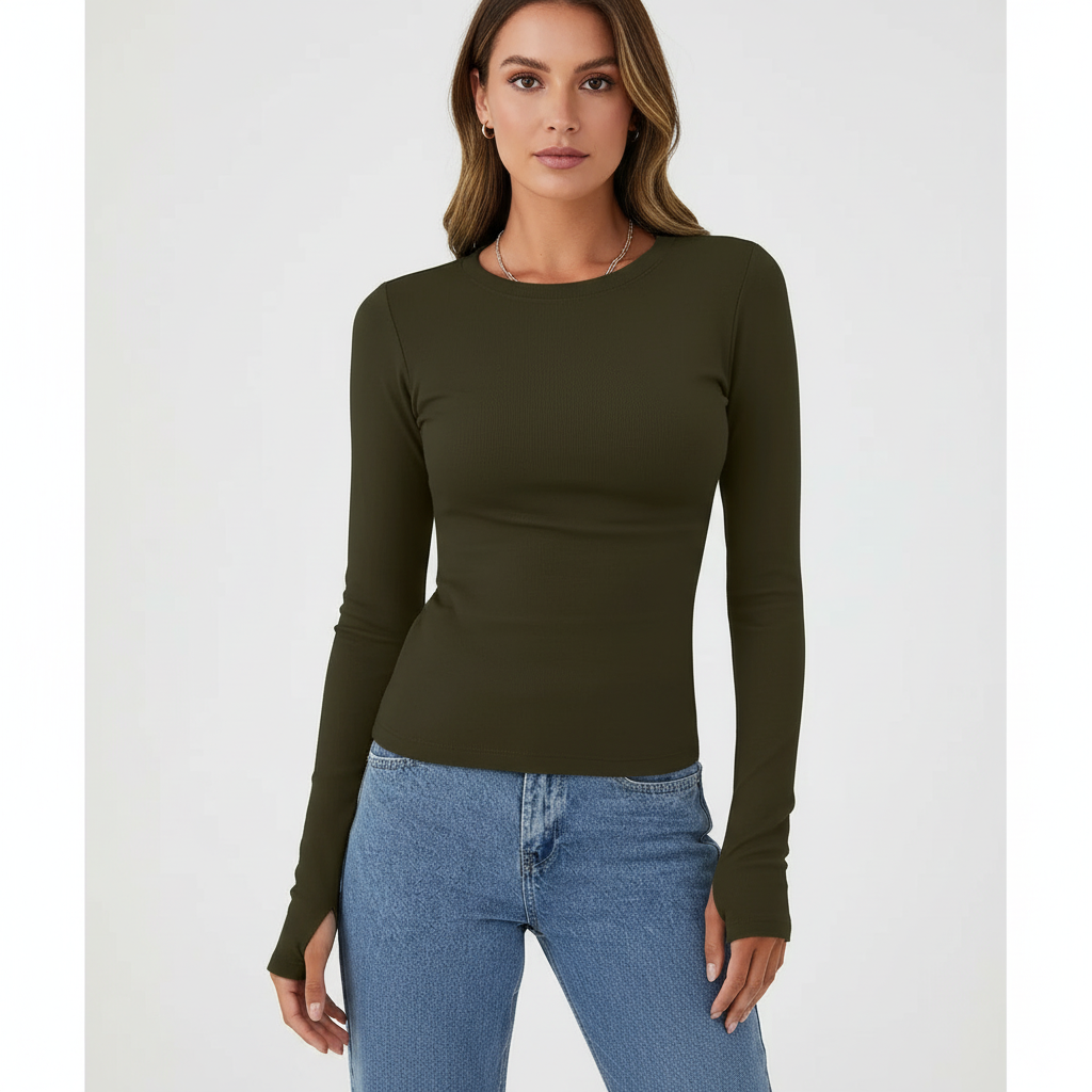 Simple yet chic women's long sleeve top with a round neck, made from a comfortable elastic blend