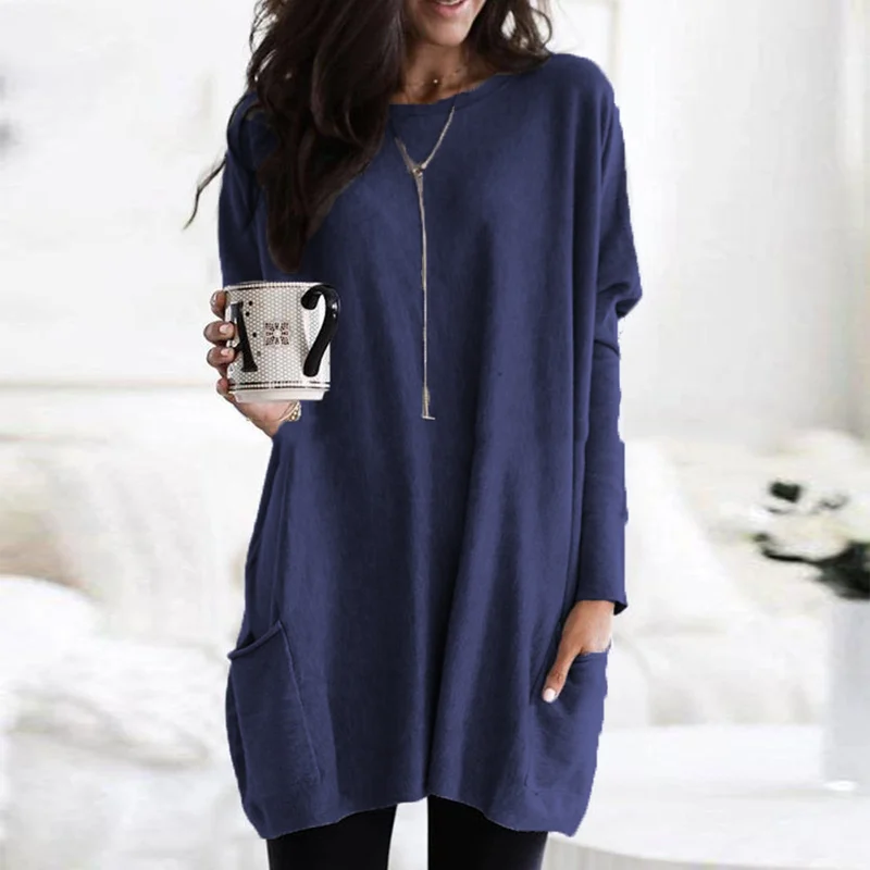 Relaxed fit women's long sleeve tunic top, comfortable and trendy for everyday fashion.