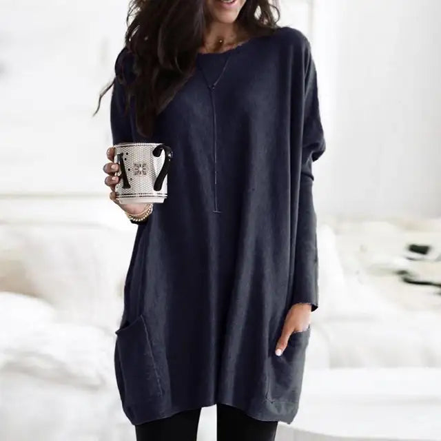 Stylish women's long sleeve tunic top, designed for comfortable, relaxed everyday fashion.