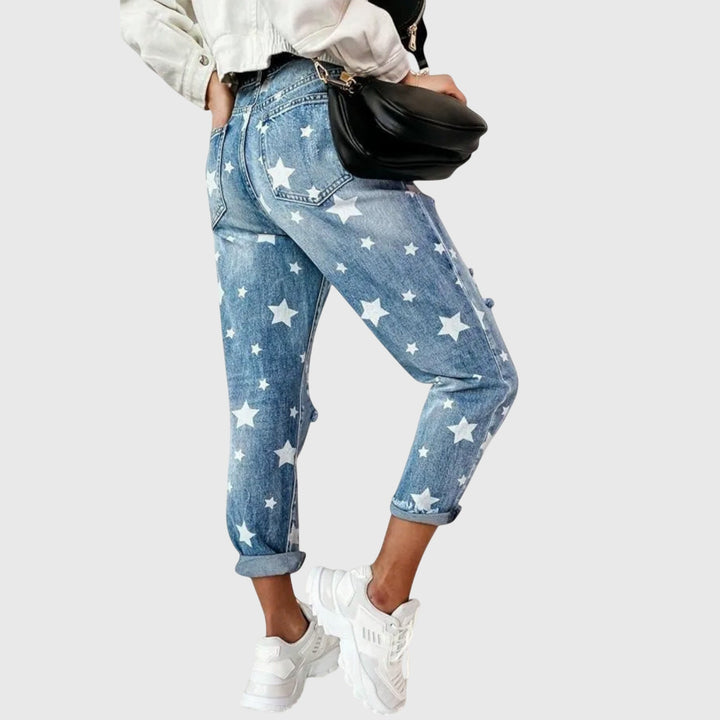 Stylish blue patterned pants for women, perfect for casual wear or dressed-up occasions.