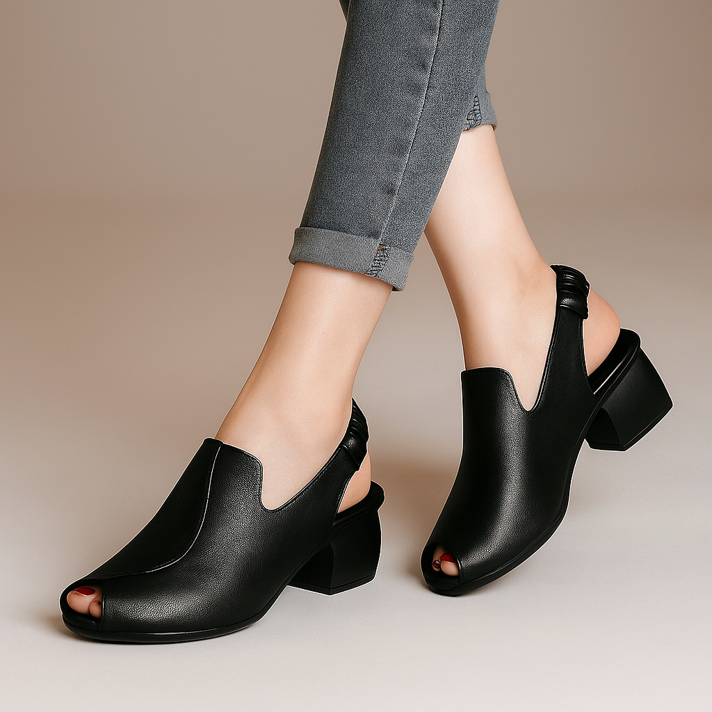 Chic peep-toe slingback heels for women, featuring a comfortable block heel, ideal for work or dress.