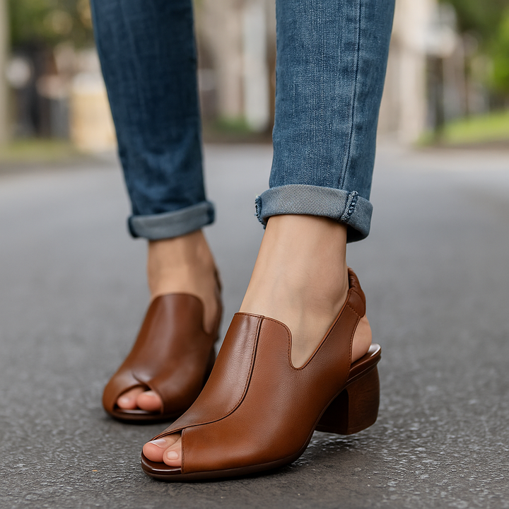 Elegant women's peep-toe sling heels with a versatile block heel, great for spring and summer fashion.