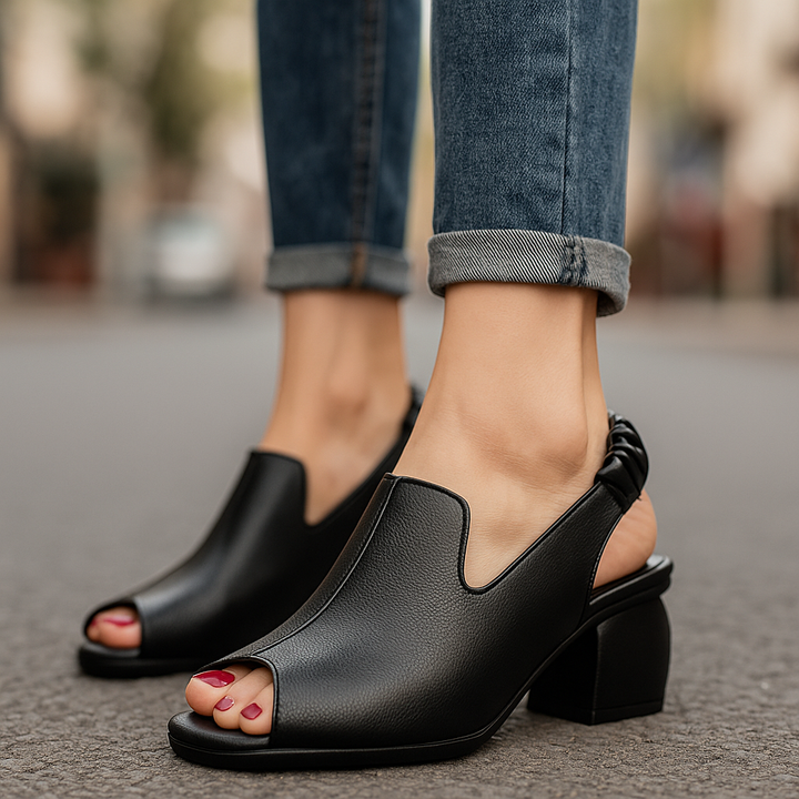 Fashionable peep-toe sling heels offering comfort and support with a stylish block heel for women.