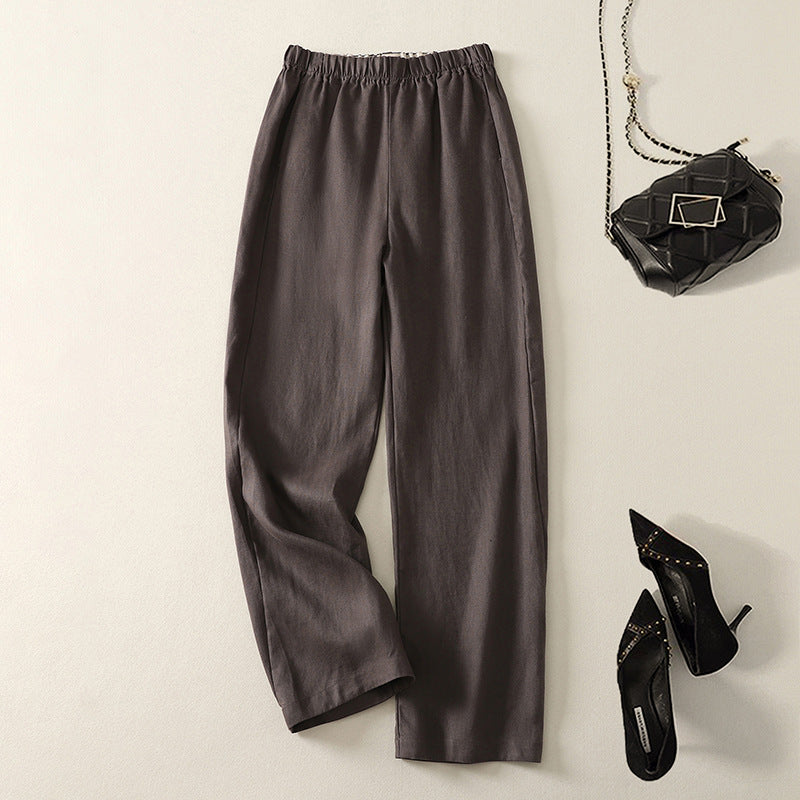 Neutral relaxed fit straight leg women's pants, ideal for comfortable and chic spring & summer casual attire.