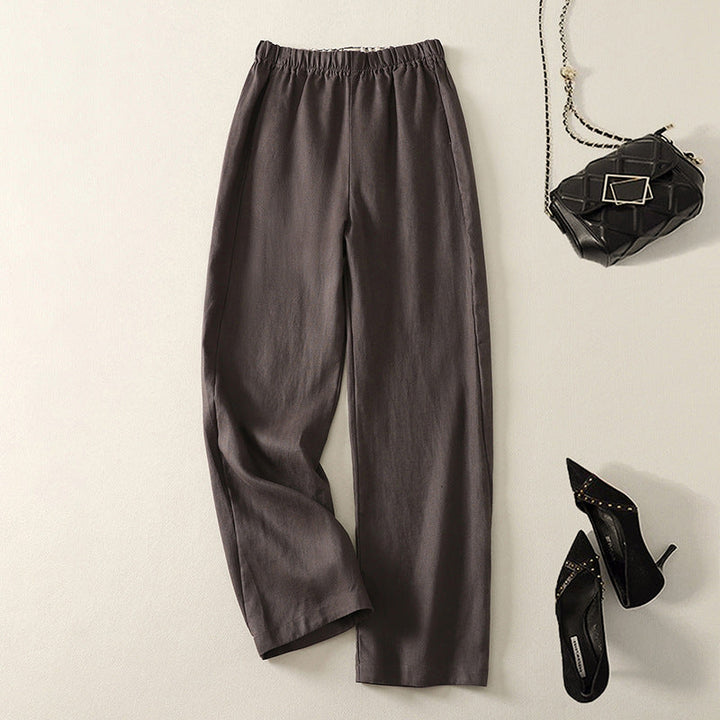Neutral relaxed fit straight leg women's pants, ideal for comfortable and chic spring & summer casual attire.