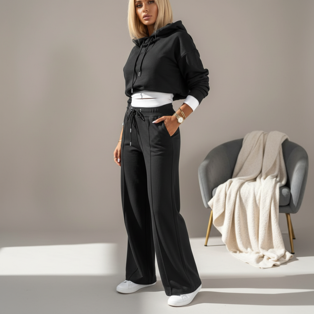 Comfortable women's two-piece hoodie and wide leg pant loungewear set in soft fabric