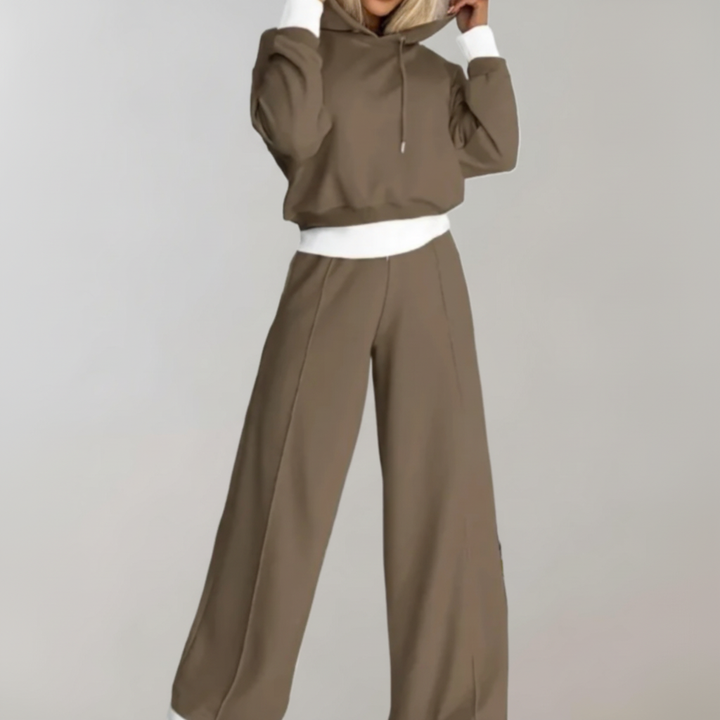 Stylish and comfortable women's two-piece outfit, including a relaxed hoodie and wide leg pants
