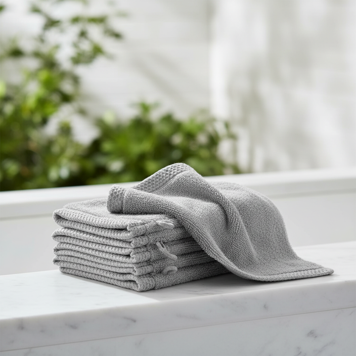 ComfortGlove organic cotton washcloth set, premium soft and absorbent for a luxurious bathroom experience.