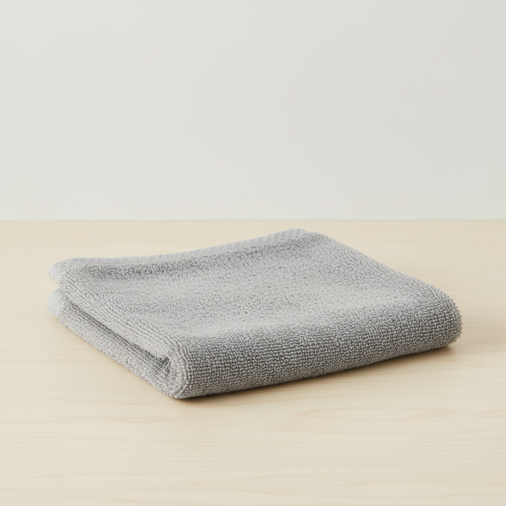 Stack of folded ComfortGlove organic cotton washcloths, ideal for sensitive skin, spa, and family use.