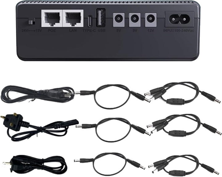 Close-up of Nexora compact 10400mAh UPS showing power indicators and port details