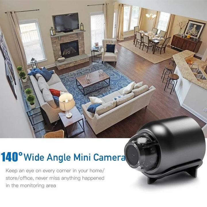Mini 1080P HD wireless security camera with night vision and motion detection for smart home surveillance.