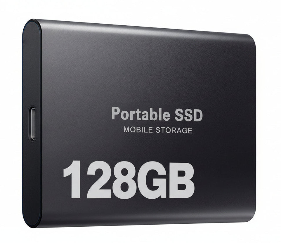 USB-C portable external SSD drive, 128GB for quick file transfers and data backup.