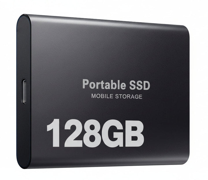 USB-C portable external SSD drive, 128GB for quick file transfers and data backup.
