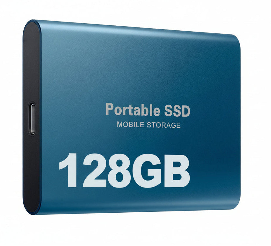 Compact 128GB solid state drive, a fast external SSD for portable and reliable storage.