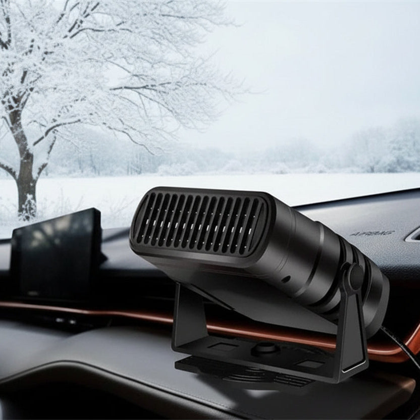 Compact 12V portable car heater & defroster. Quick heating fan for automobile window defrosting and vehicle warming.
