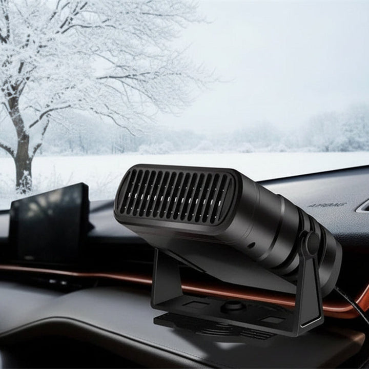 Compact 12V portable car heater & defroster. Quick heating fan for automobile window defrosting and vehicle warming.