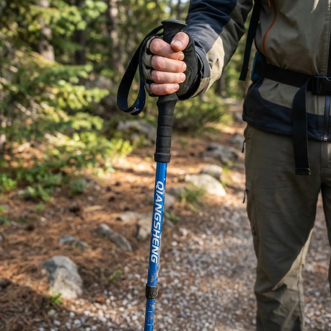 Compact 4-section folding trekking pole for easy travel. Lightweight, adjustable hiking support for trails.