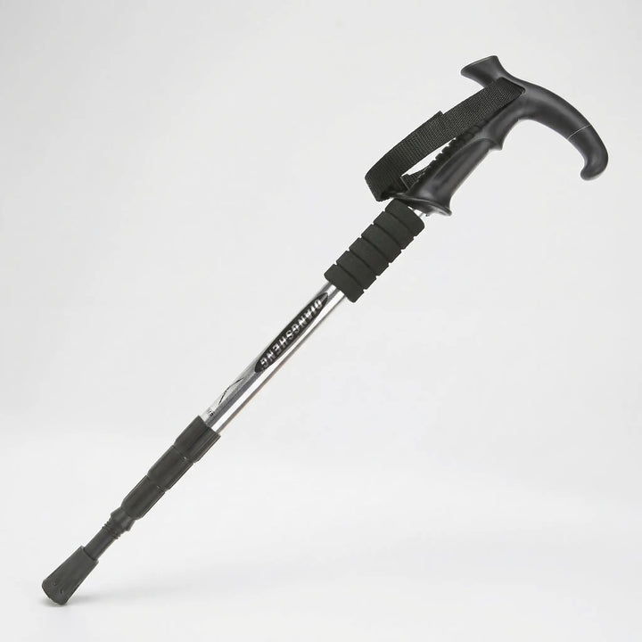 Easy-pack 4-section folding trekking pole, ideal for travel. Lightweight adjustable hiking stick for trail stability.
