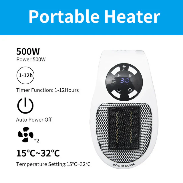 Energy-efficient 500W mini electric heater. Portable space warming for home, office, or dorm. Quiet operation.