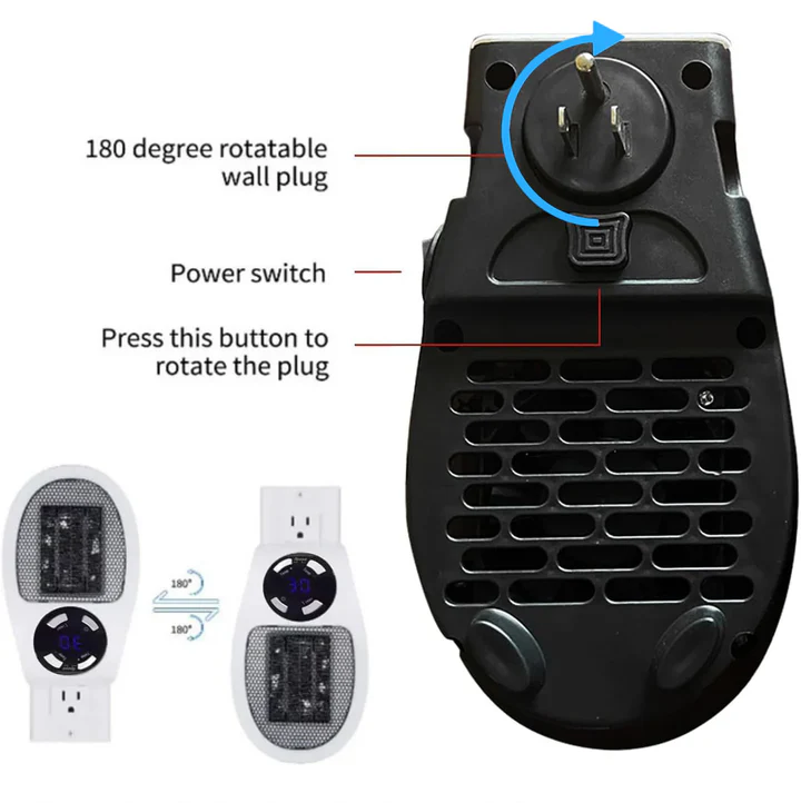 Adjustable compact 500W electric personal heater. Perfect for targeted indoor heating in office or bedroom spaces.