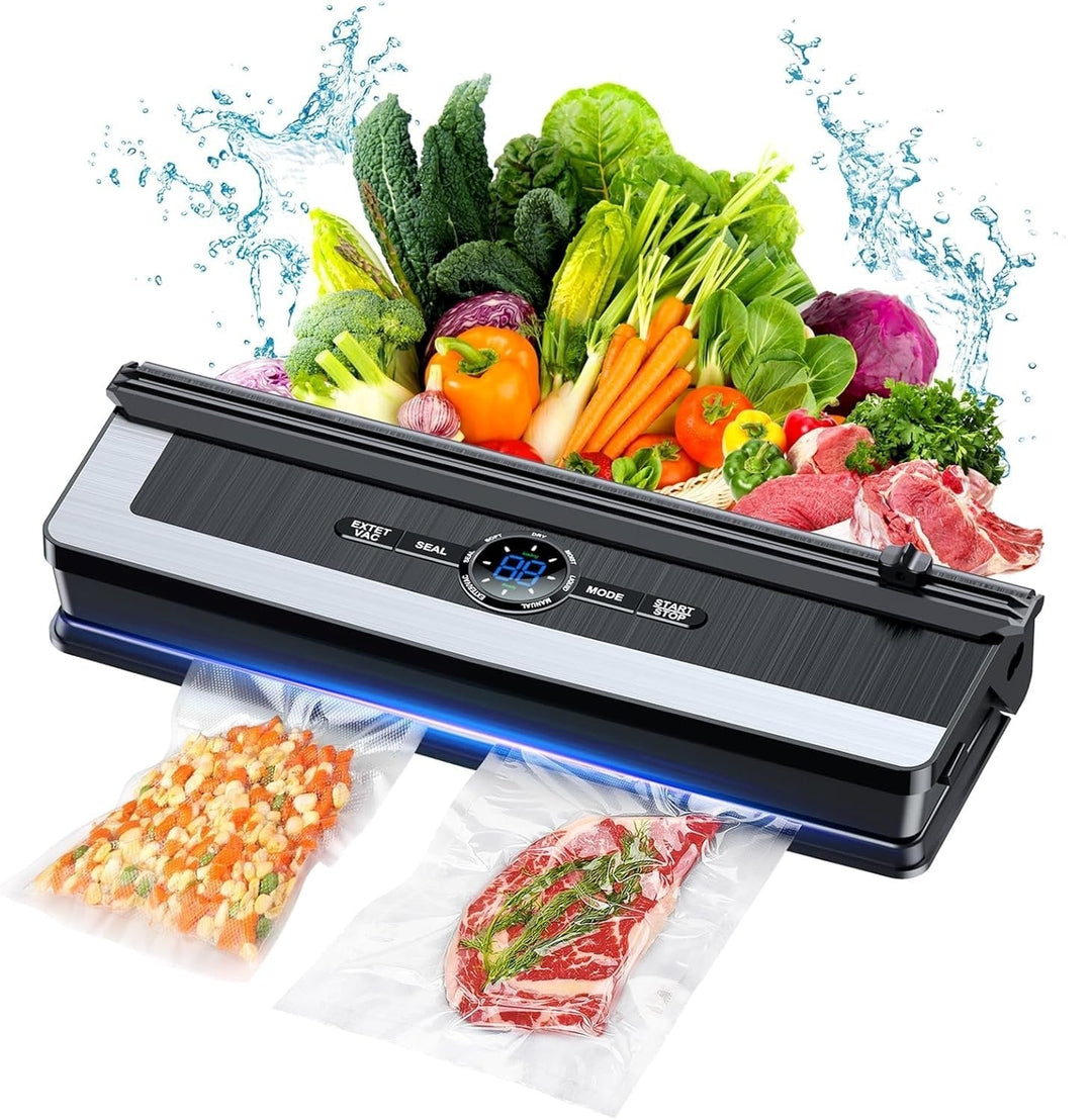 Compact 8-in-1 vacuum sealing machine with built-in cutter, perfect for food preservation and meal prep.