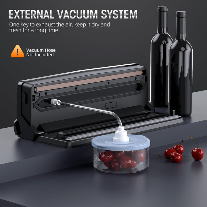 Powerful vacuum sealing machine, compact design, with convenient built-in cutter for food bags.