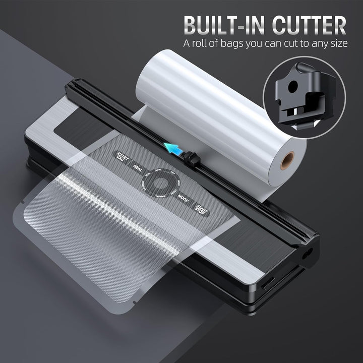 Efficient and compact vacuum sealer with built-in bag cutter, a must-have kitchen appliance.