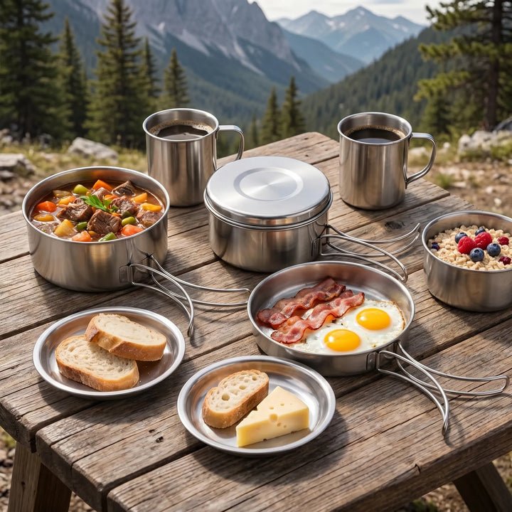 Compact 8-piece outdoor camping cookware set for backpacking & hiking. Portable pots, pan, and accessories.