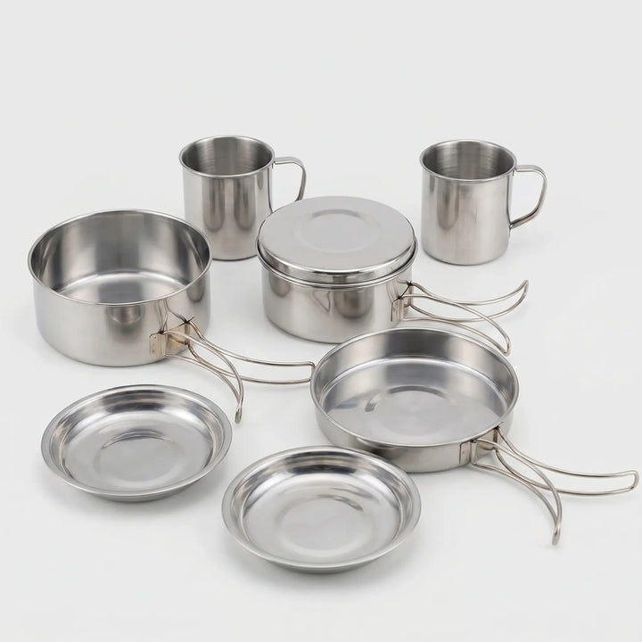 8-piece durable camping cookware set, including pots, pan, & utensils for outdoor kitchen & survival gear.