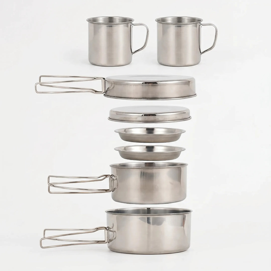Portable backpacking cook set in use, ideal for camp stove cooking & hiking. Lightweight outdoor kitchen.