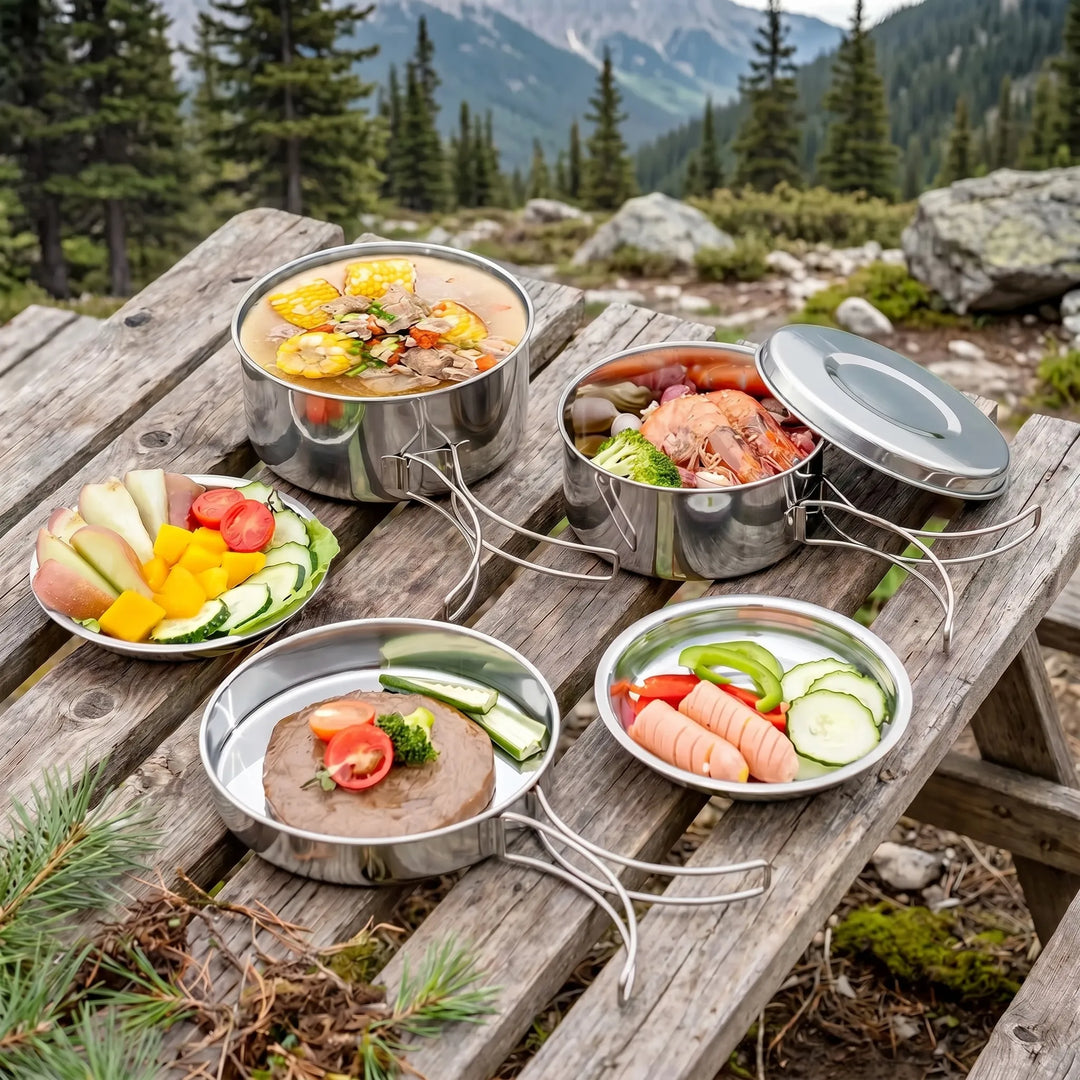 Compact 8-piece camping cookware set neatly packed, ready for backpacking adventures & survival trips.