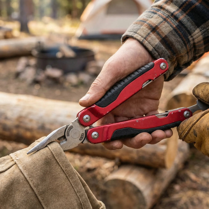 Compact 9-in-1 folding multi-tool for camping, hiking & everyday carry. Essential outdoor survival gear.