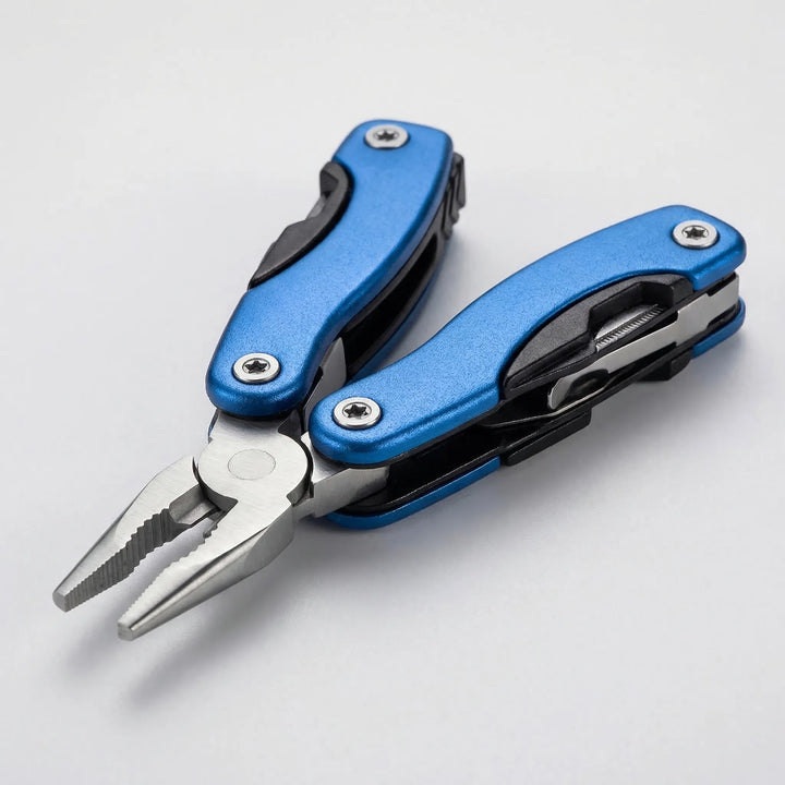 Rugged 9-in-1 folding multi-tool for outdoor gear. Compact utility tool for camping, hiking & survival needs.