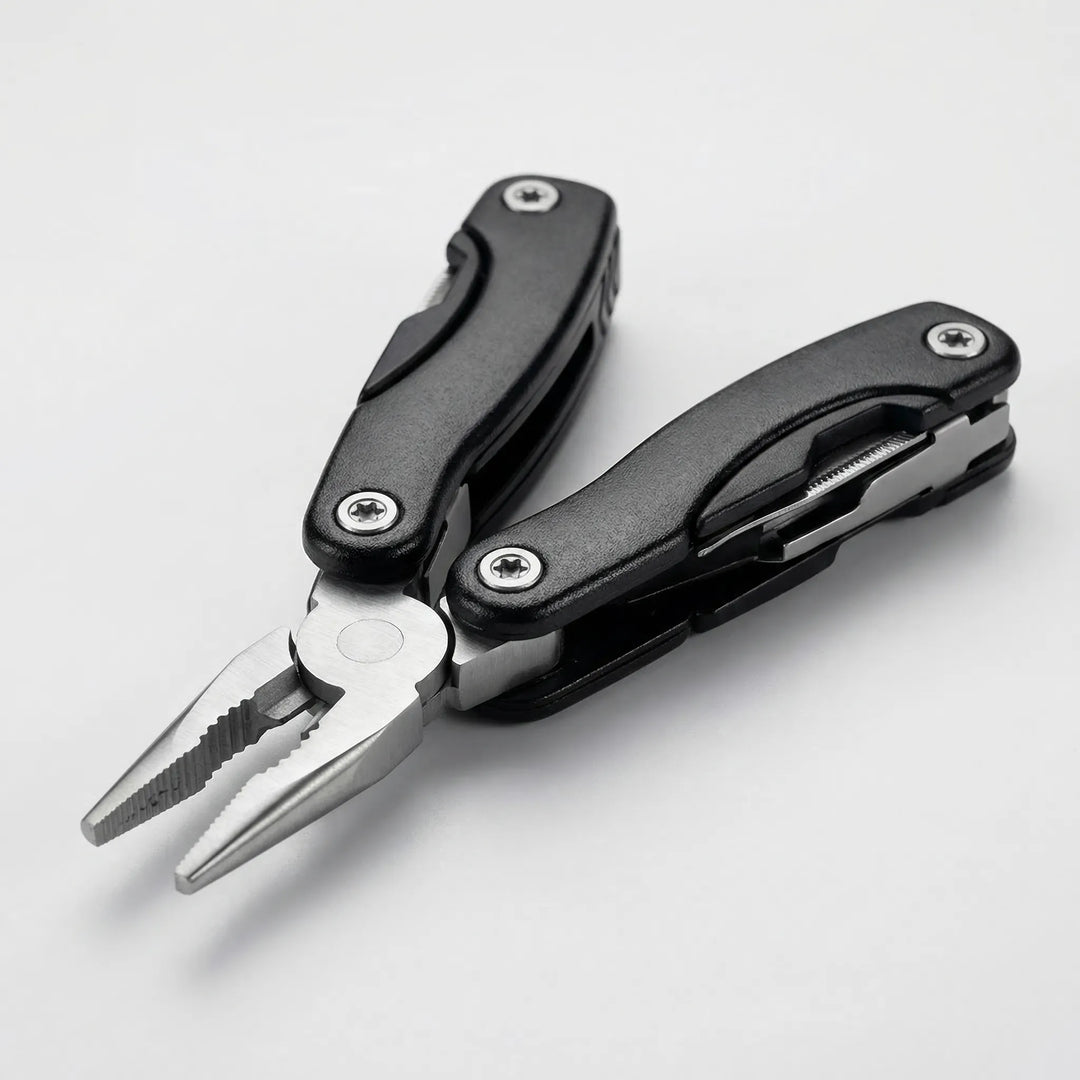 Portable 9-in-1 utility multi-tool. Compact folding pocket gear for all your outdoor adventure and survival needs.