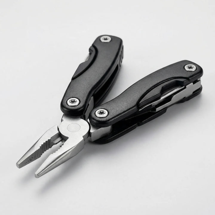 Portable 9-in-1 utility multi-tool. Compact folding pocket gear for all your outdoor adventure and survival needs.