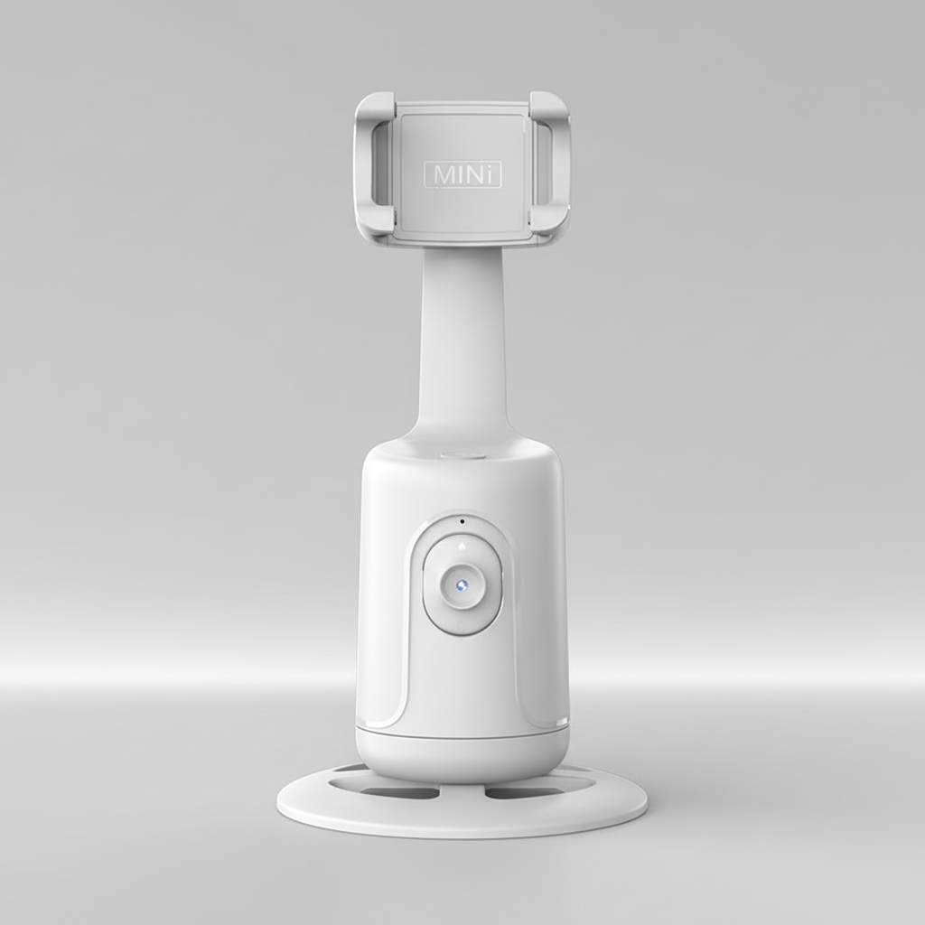 Black compact gimbal selfie stick with phone mounted, ready for content creation
