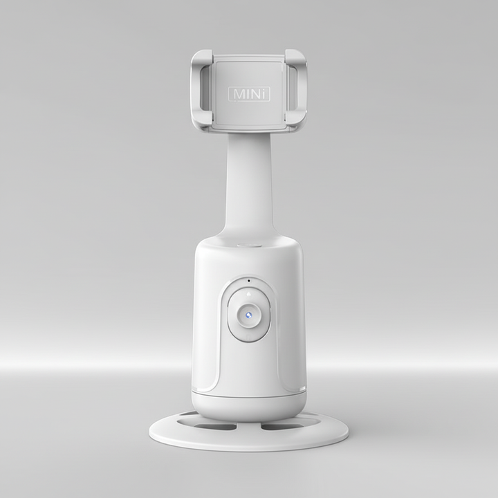 Black compact gimbal selfie stick with phone mounted, ready for content creation