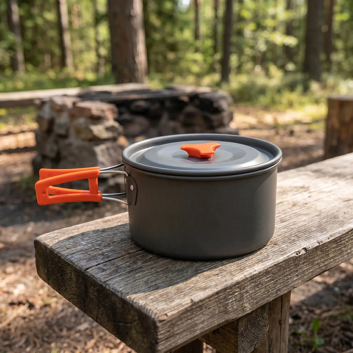 Compact aluminum camping cookware set, ideal for backpacking, hiking & outdoor camp kitchen meals. Portable & lightweight.