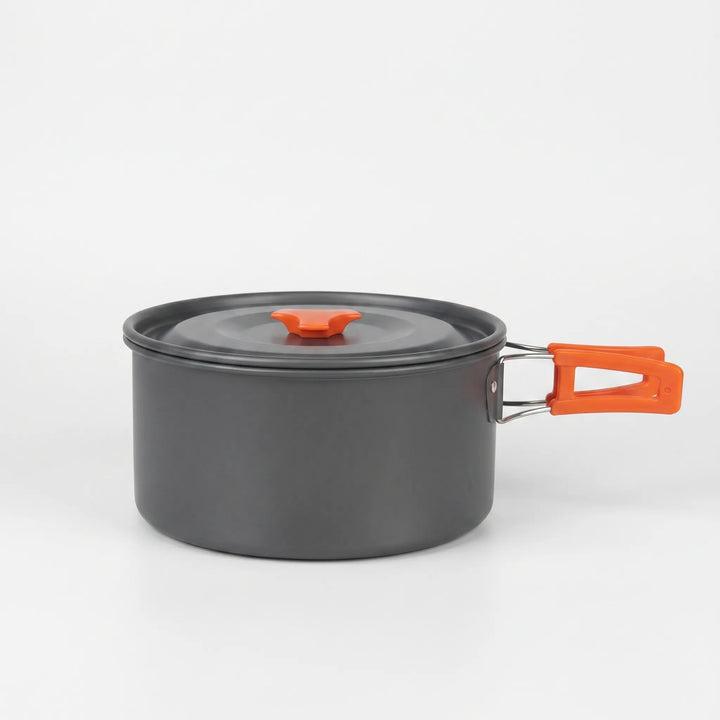 Lightweight aluminum cookware set for camping & backpacking. Includes pots, pans, & utensils for outdoor cooking.